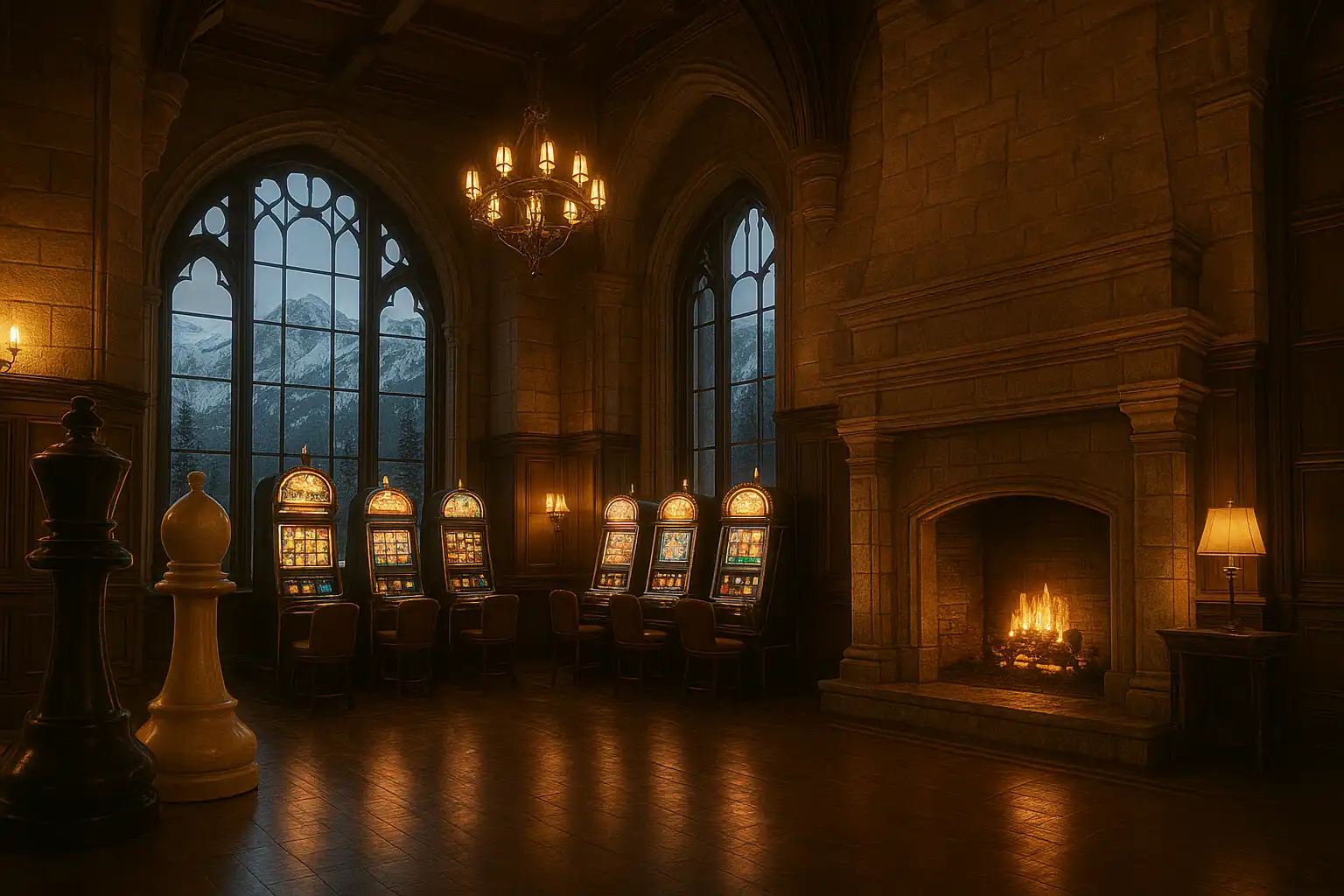 Grand stone chateau casino hall with oversized chess pieces and warm fireplace, snowy mountains outside