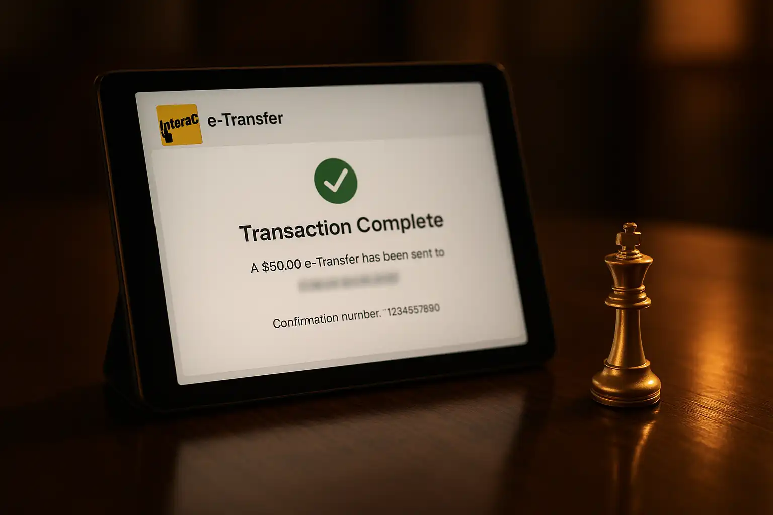 Tablet showing an Interac e-Transfer confirmation screen on a dark wood table beside a chess piece