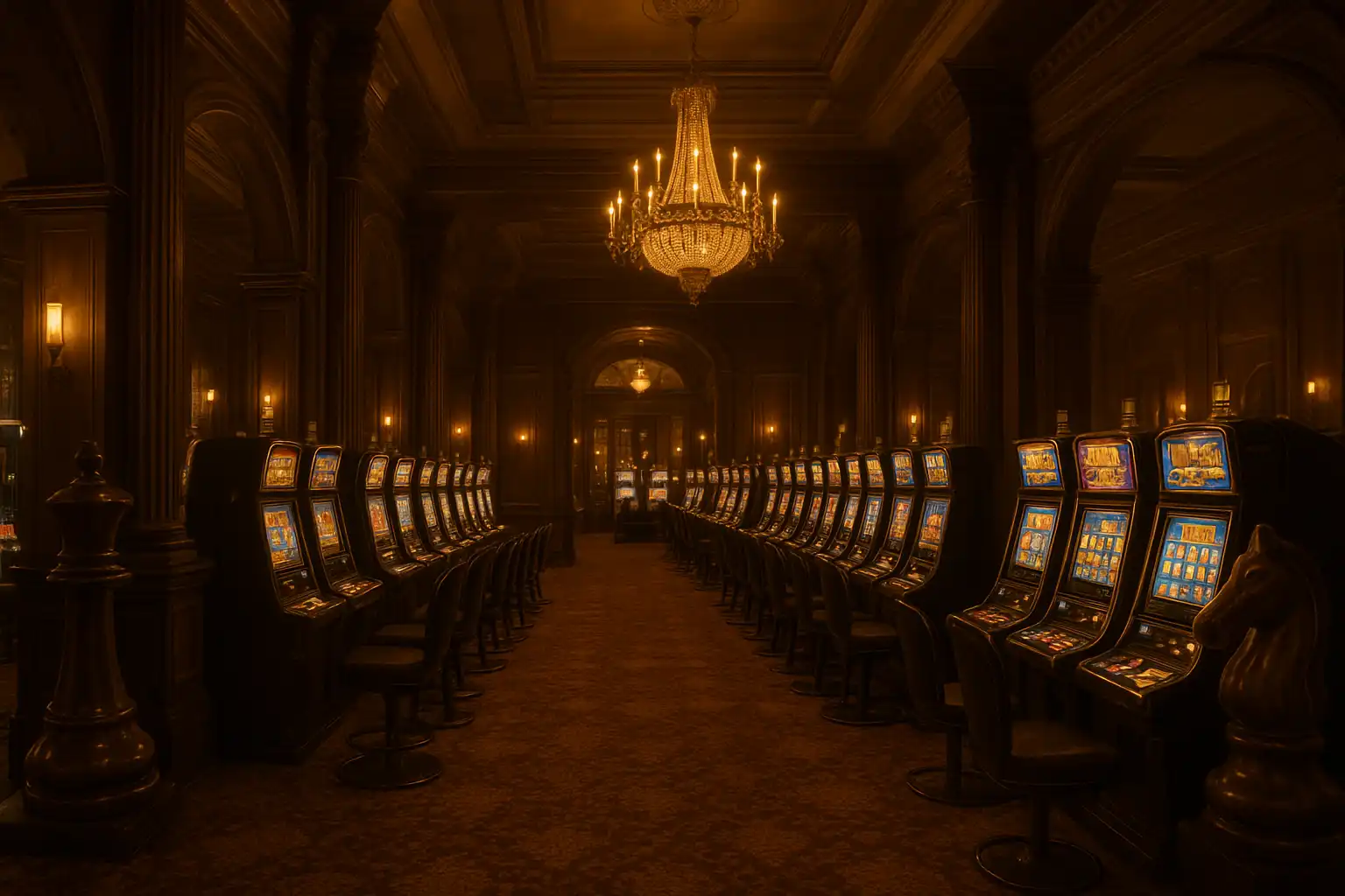Wide shot of the RoyalRook gaming hall with slot machines, chess piece statues and dark wood columns