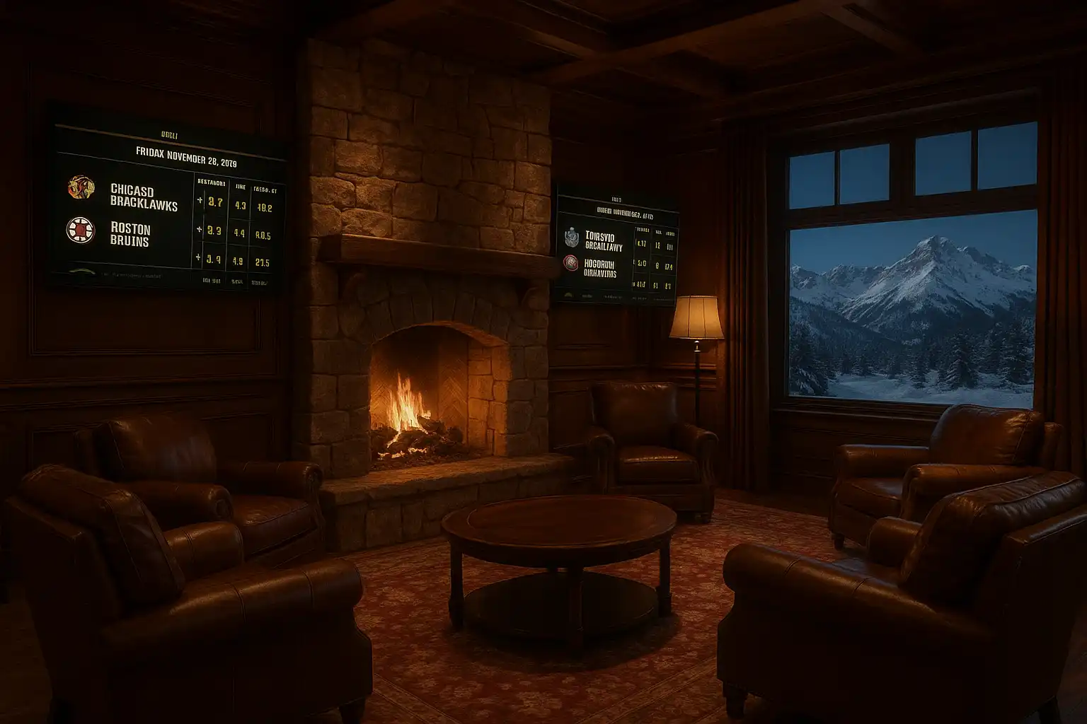 Chateau lounge with large screens showing hockey odds and a leather chair beside a fireplace