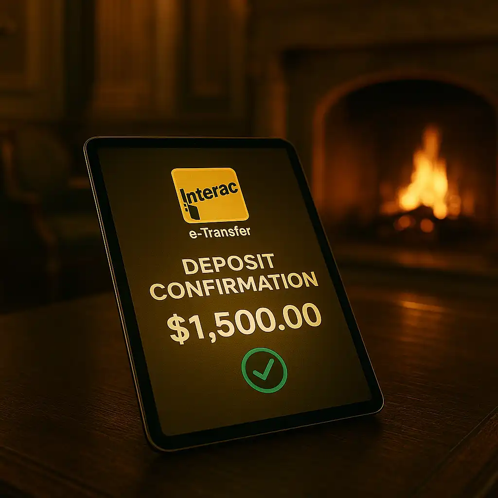 Interac deposit screen glowing on a tablet near a fireplace