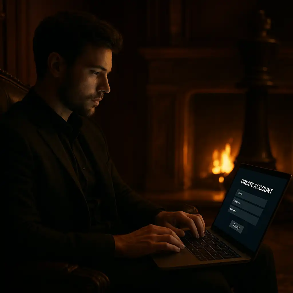 Player registering an account on a laptop inside a chateau lounge