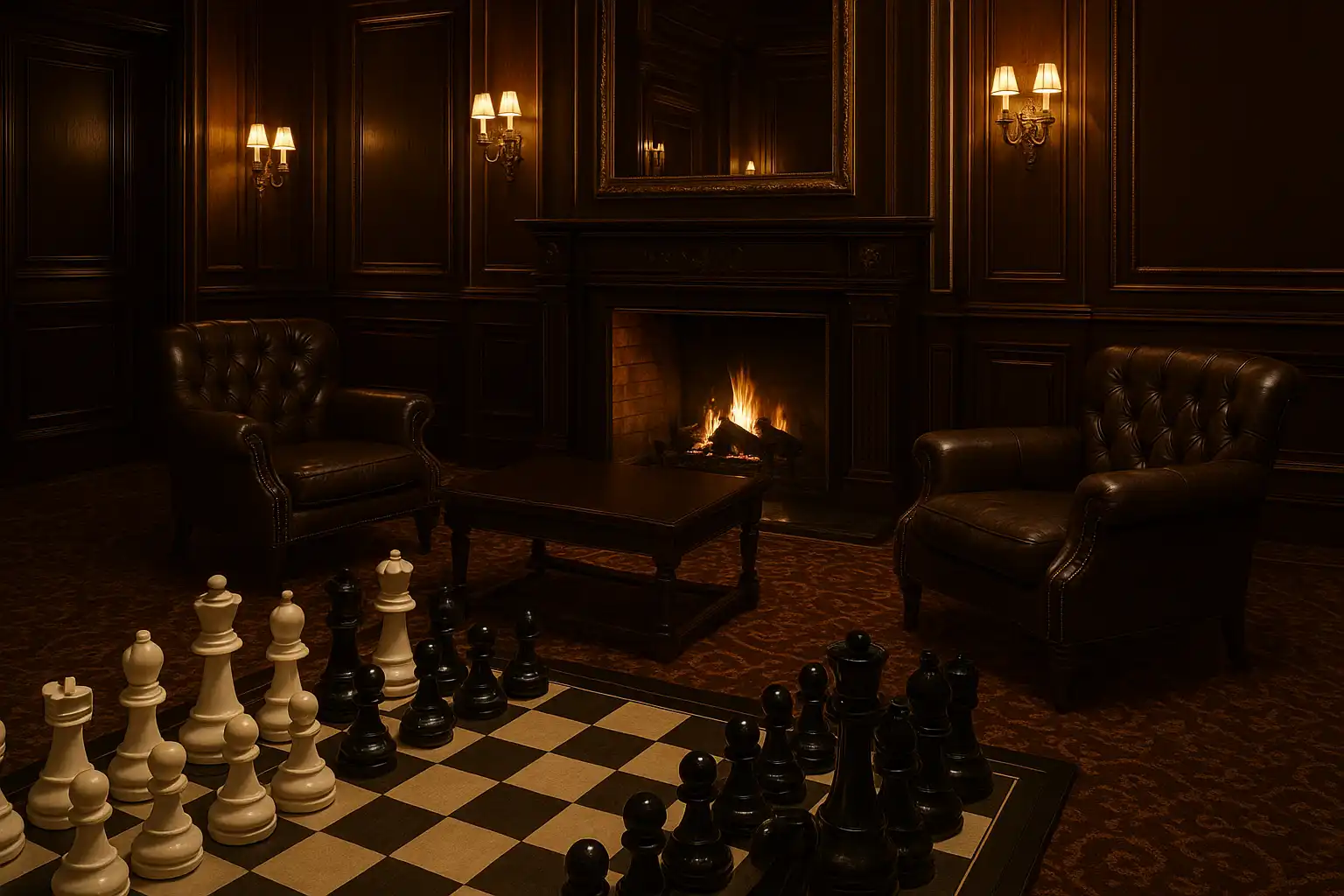 Private VIP lounge with oversized chess pieces, leather armchairs and a roaring fireplace
